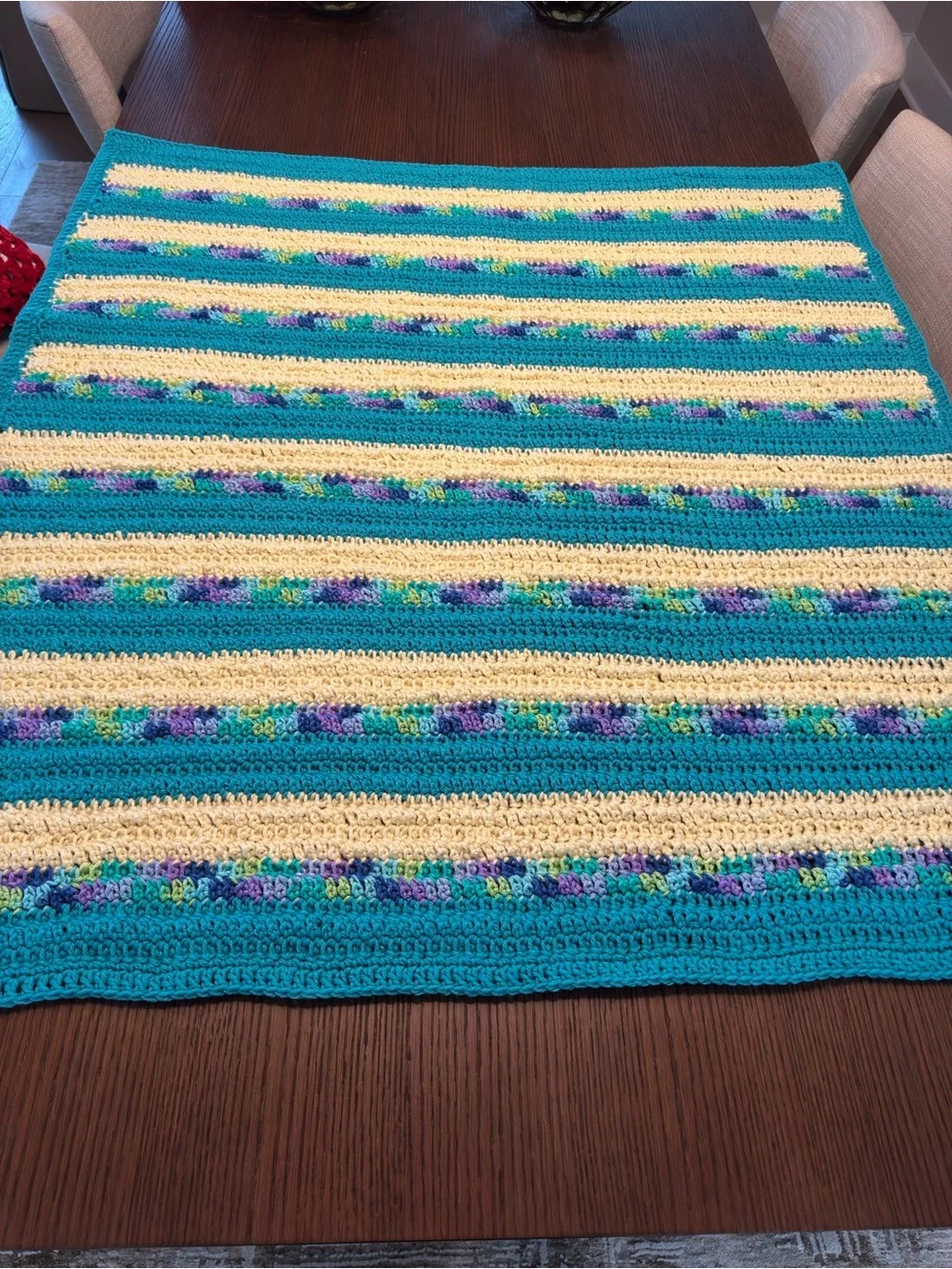 NWT Handmade Crochet Baby / Lap Blanket Blue Yellow Multi